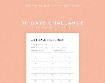 30 Day Challenge Tracker, Printable Habit Checklist (Canva Template)
