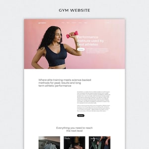 Pode incluir: Página inicial do site de uma academia chamada "Gymnation" que mostra uma mulher levantando um haltere rosa. O texto do site destaca os métodos apoiados pela ciência para obter resultados máximos e desempenho atlético de longo prazo. O site também apresenta três imagens de pessoas se exercitando, com texto que descreve planos de nutrição personalizados, rastreamento e análise de desempenho, e prevenção e reabilitação de lesões.