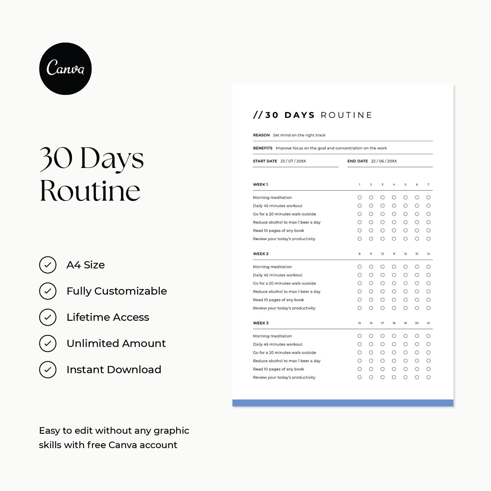 30 Days Routine Tracker Canva Template, Printable Habit Tracker ...