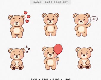 Kawaii Teddy Bear Vector Set, Mascot Clip Art (svg, eps, png, jpg)