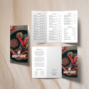 Plantilla de Canva para hacer un folleto tríptico de pizzería, folleto de menú de comida de restaurante editable, folleto minimalista de pizza, menú de precios de comida imprimible A4