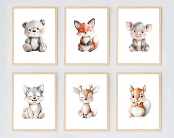 Láminas de animales del bosque en acuarela, set de arte mural para habitación infantil (descarga digital)