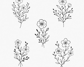 Hand-Drawn Flower Bouquet SVG Bundle, Botanical Line Art (Digital Download)