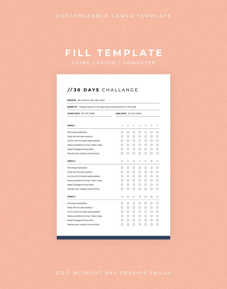 Printable 30 Days Routine Tracker Canva Template, Printable Habit ...