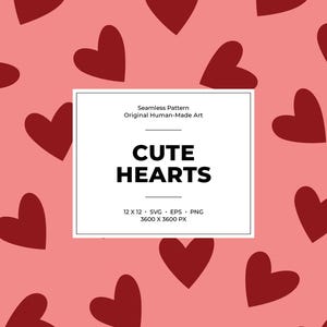 Puede incluir: Patrón sin costuras con corazones rojos oscuros repetidos sobre un fondo rosa claro. La imagen incluye el texto "CUTE HEARTS" en un rectángulo blanco, junto con información de tamaño y tipo de archivo. Este diseño es adecuado para diversas aplicaciones.