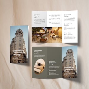 Puede incluir: Un folleto tríptico para un hotel con un diseño moderno. El folleto presenta imágenes del interior y exterior del hotel, así como texto que destaca las comodidades y servicios del hotel. El texto incluye las frases "Experience the Premium & Luxury", "Luxurious Place to Stay", "Unparalleled Retreat Location", "Stunning World-Class Dining", "Distinctive Design", "Exceptional Service", "Amenities and Facilities" y "Contact Us".