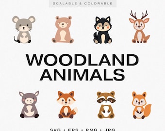 Cute Woodland Animal Vector Clipart Bundle, Adorable SVG Illustrations for Kids, Cartoon Animal Design, Scalable & Colorable Vectors