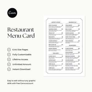 Restaurant Menu Book Canva Template, Fully Editable Restaurant Folder, Simple Modern Menu, Restaurant Card Template, Food Menu Folder