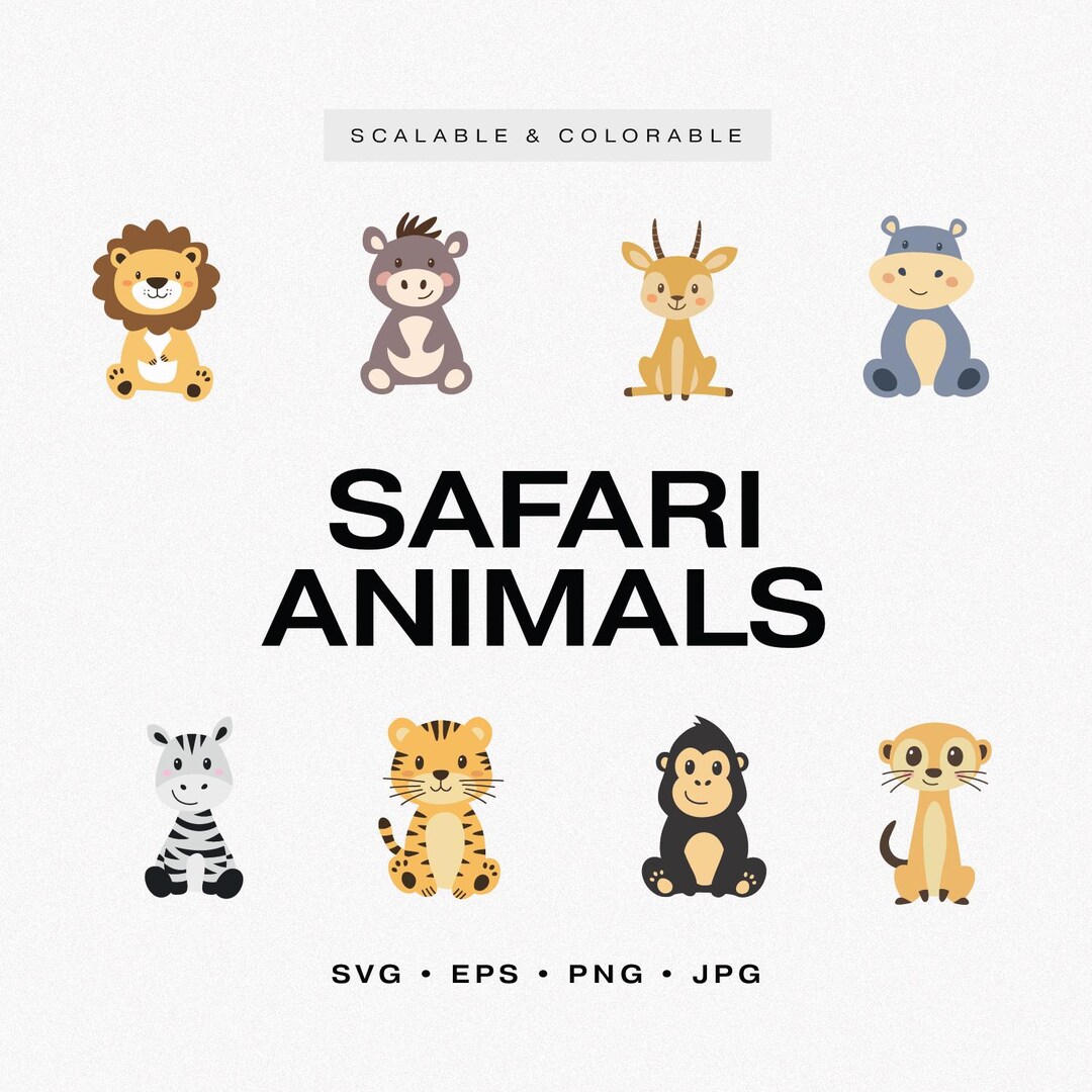 Adorable Safari Animal Vector SVG Set, Cute Safari Animals ...