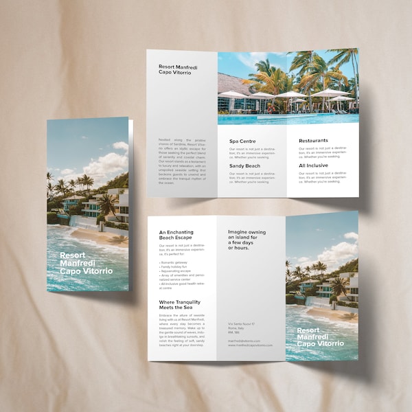 Vacation Resort Trifold Brochure Canva Template, All Inclusive Holiday Brochure, Minimal Beach Retreat Flyer, Dream Vacation Brochure A4