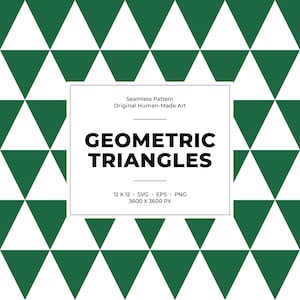 May include: A seamless pattern with a repeating geometric design of green and white triangles. The image includes the text "GEOMETRIC TRIANGLES" and details about the file size and format.