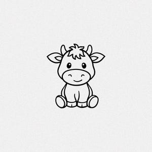 Op de afbeelding: Een zwart-wit cartoon illustratie van een zittende koe met een lachend gezicht. De koe heeft grote ogen, kleine hoorns en een pluizige haarlok op haar hoofd. De afbeelding is een eenvoudige lijntekening.