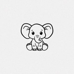 May include: A black and white cartoon illustration of a baby elephant sitting down. The elephant has large ears, a trunk, and is smiling. The image is a simple line drawing, suitable for various design projects.