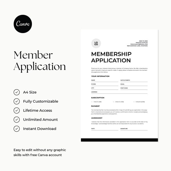 Membership Application Form Canva Template, New Member Form, Member Registration Template, New Customer Form Canva, Membership Form