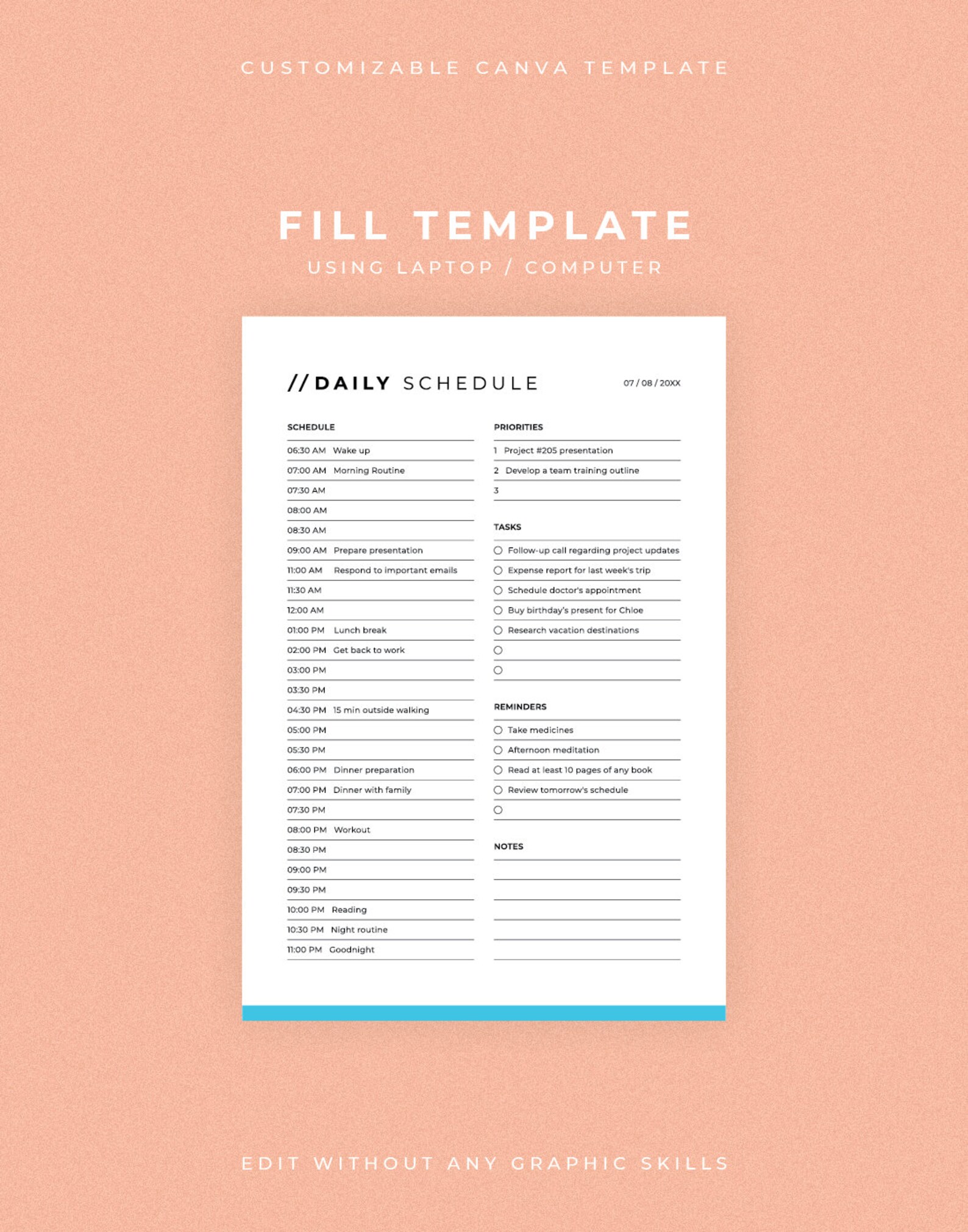Printable Daily Schedule Planner, To-do List Canva Template (digital ...