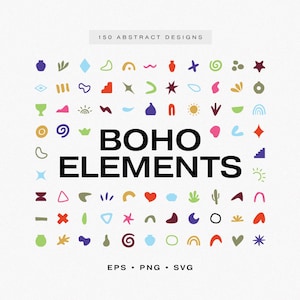 Pode incluir: Um conjunto de 150 elementos de design boho abstratos em várias cores e formas. Os elementos incluem formas geométricas, estrelas, sóis, luas, corações e muito mais. O texto "BOHO ELEMENTS" está no centro da imagem.