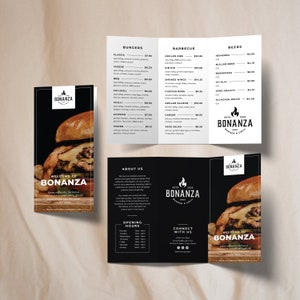 Broszura restauracyjna Trifold DIY Canva Szablon, w pełni edytowalna broszura menu żywności, minimalistyczna ulotka burgera, drukowane menu cen żywności A4