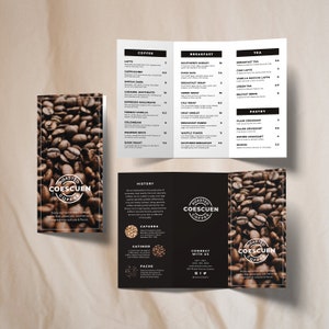 Brochura tripla de cafeteria DIY Canva Template, Brochura de menu de café editável, Flyer de café minimalista, Menu de preços de cafeteria para impressão A4