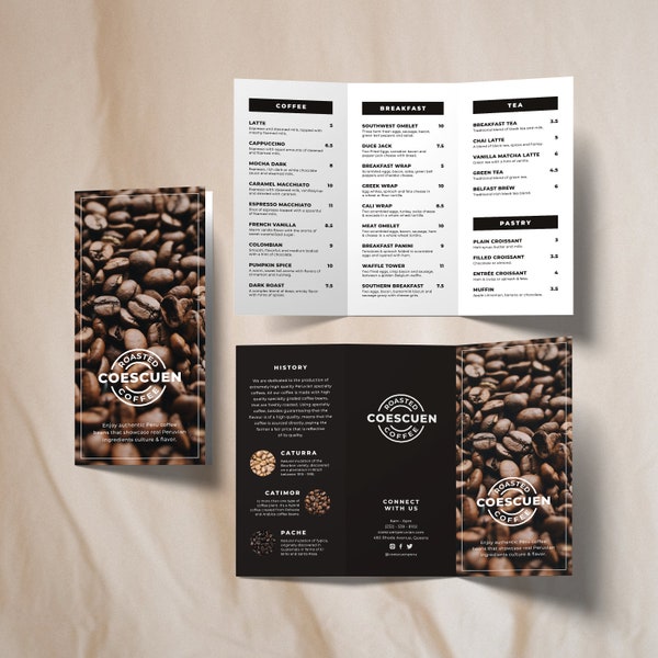 Cafeteria Trifold Brochure DIY Canva Template, Editable Coffee Menu Brochure, Minimal Cafe Flyer, Printable Cafeteria Pricing Menu A4