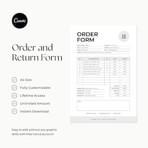 Pode incluir: Um modelo de formulário de pedido em preto e branco com o título "Formulário de pedido" e um logotipo que diz "LO GO". O formulário inclui campos para informações do cliente, detalhes do pedido e informações de pagamento. O formulário também inclui uma seção para notas.