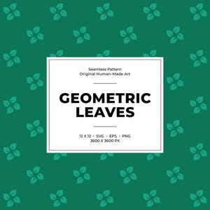 Könnte beinhalten: Ein nahtloses Muster mit sich wiederholenden teal-farbenen geometrischen Blattdesigns auf einem dunkelgrünen Hintergrund. Das Bild enthält ein weißes Rechteck mit dem Text "GEOMETRIC LEAVES" und Details zur Größe und den Dateitypen des Musters.