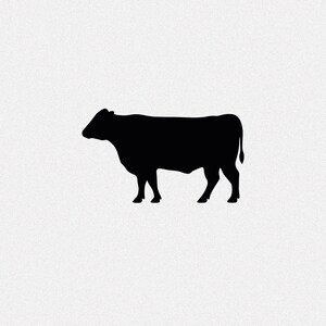 May include: A black silhouette of a cow standing on a white background. The cow is facing left, with its head slightly lowered. The image is a simple, graphic representation of a farm animal.