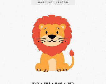 May include: A cartoon illustration of a cute baby lion with a bright orange mane and a friendly expression. The lion is sitting with its tail curled behind it. The image is labelled "Baby Lion Vector" and includes the file formats "SVG, EPS, PNG, JPG".