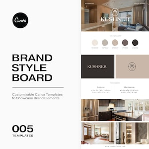 Editable Brand Style Board Template in Canva – A sleek and modern branding board showcasing logos, color palettes, font styles, and moodboard elements. Fully customizable.