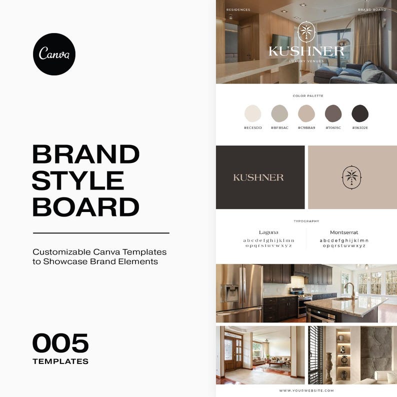 Editable Brand Style Board Template in Canva – A sleek and modern branding board showcasing logos, color palettes, font styles, and moodboard elements. Fully customizable.