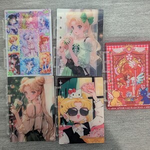 May include: A collection of anime-style planner inserts featuring various characters. The inserts showcase colorful illustrations, including a character with a Starbucks drink, and a Hello Kitty design. The inserts are held together by clear plastic binders.