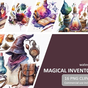 Watercolor Magical Inventory Clipart PNG Bundle, Set of 16 PNG Digital Download, Commercial Use, Scrapbooking Supplies