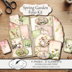 Spring Garden Folio Kit, Printable Floral Tags Cards and Ephemera, Garden Animals and Birds, Instant Digital Download 002