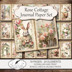 May include: A Rose Cottage Journal Paper Set featuring 18 pages and 20 elements with vintage-style illustrations of rabbits, cats, ducks, birds, and pink roses. The collection includes lined and unlined paper designs for printing.