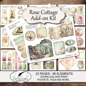 May include: A Rose Cottage Add-on Kit featuring 22 pages and 96 elements for download and print. The collection includes paper sheets with floral designs, roses, butterflies, a rabbit, a cat, envelopes, tags, cards, and pockets for crafting.
