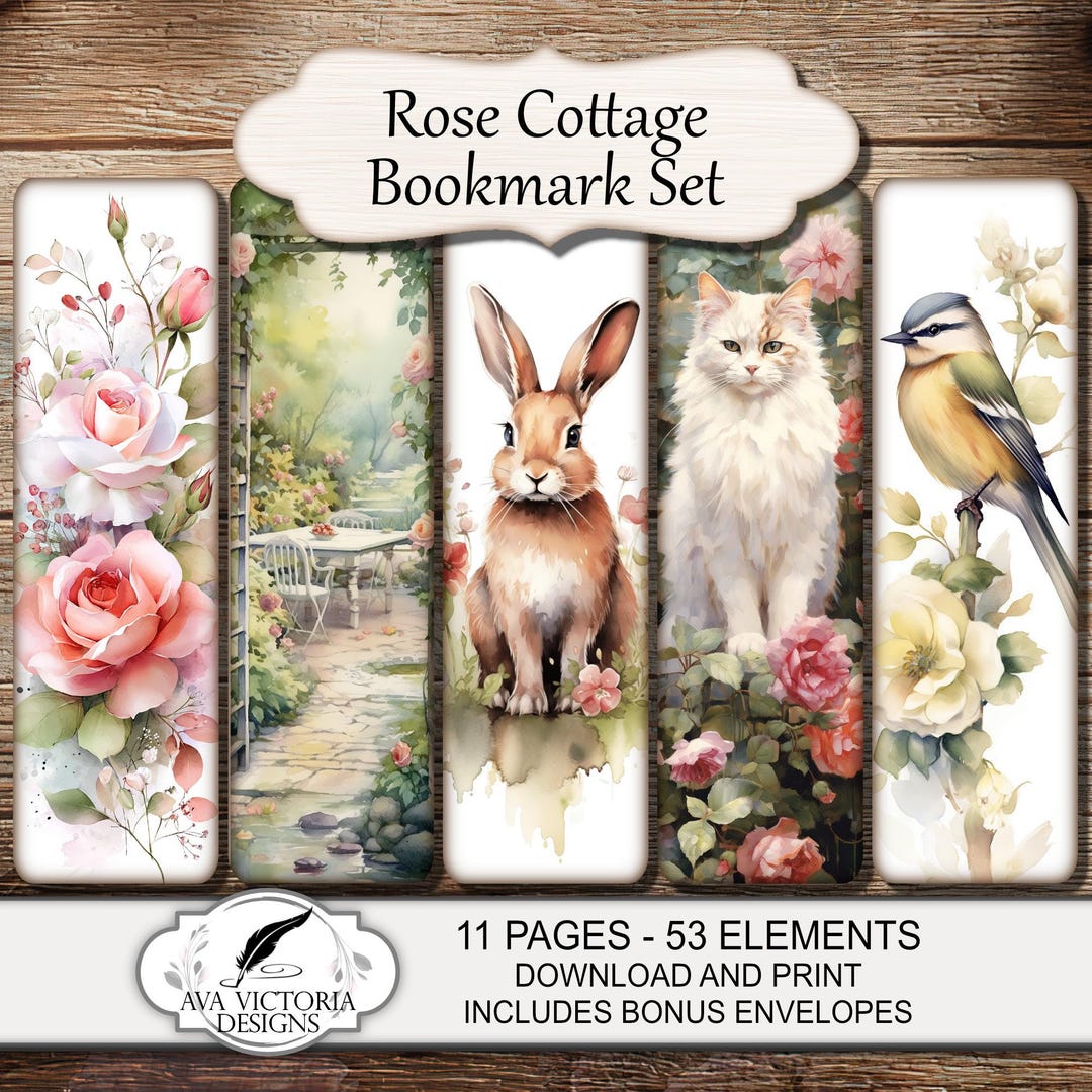 Rose Cottage Bookmark Set, Printable Watercolor Style Floral Ephemera ...