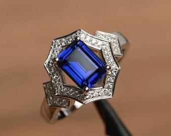 blue sapphire ring September birthstone emerald cut blue gemstone sterling silver engagement ring