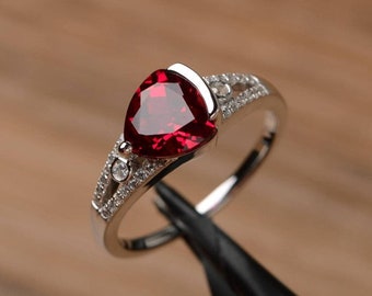 lab ruby ring triangle cut red gemstone July birthstone ring sterling silver engagement ring for women