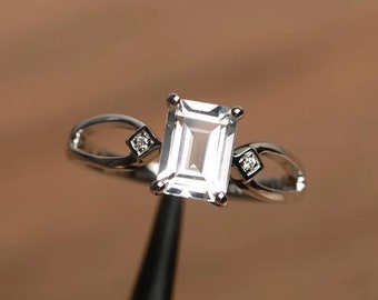 natural white topaz ring anniversary ring emerald cut gemstone sterling silver