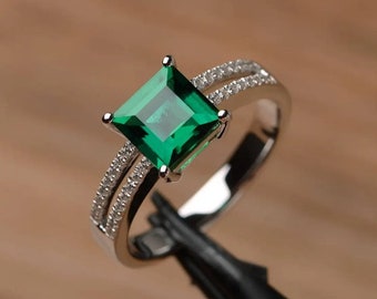lab emerald ring square cut green gemstone May birthstone ring sterling silver engagement ring