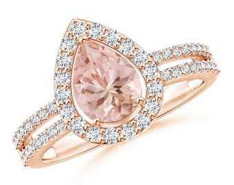 Morganite Engagement Ring- 14k Rose Gold Ring- Anniversary Birthday Gift For Her- Pear Morganite Ring