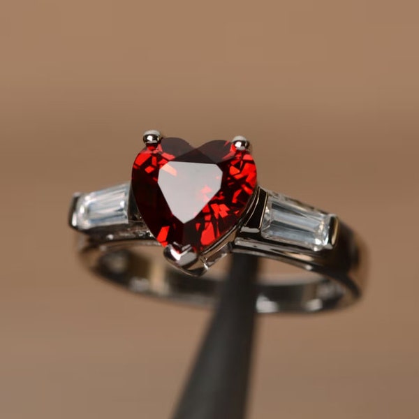 garnet engagement ring, carnelian ring ,natural red garnet January birthstone heart shaped engagement ring with baguette, spessartite garnet