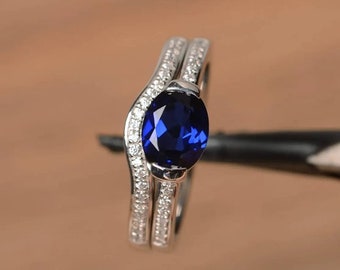 blue sapphire ring promise ring oval cut blue gemstone September birthstone sterling silver ring