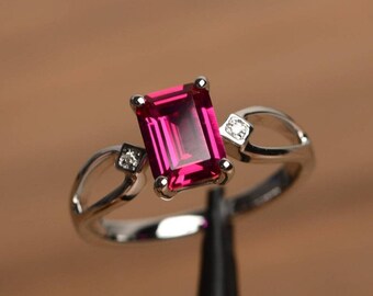 red ruby ring July birthstone emerald cut red gemstone ring sterling silver anniversary ring
