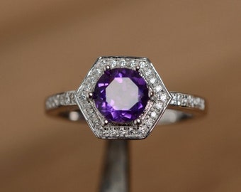 natural amethyst halo cocktail ring sterling silver hexagon cut February birthstone ring