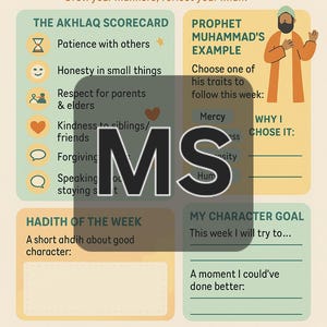 May include: A beige and orange infographic titled "AKHLAQ AUDIT" with the text "MY MUSLIM CHARACTER CHECK". It includes sections for self-reflection, a character scorecard, and a weekly goal. The image also features a cartoon illustration of a man.