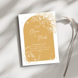 Sun and Moon Wedding Fantasy Hand-Drawn Invitation Set, Digital Template, Canva DIY, Instant Download, Gold Design