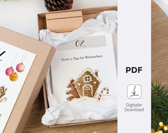 Download Adventskalender Karten - Countdown Weihnachten | Weihnachtskalender zum Ausdrucken | Aquarell Karten | DIY Bastelvorlage