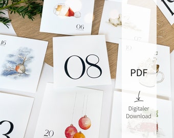 Download - Advent calendar cards - 24 numbers | Watercolor winter motifs | DIY Christmas Calendar | Digital file