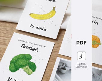 Descargar - Tarjetas de la semana del embarazo | Archivos digitales | Tarjetas de hitos de la semana del embarazo | Frutas y verduras