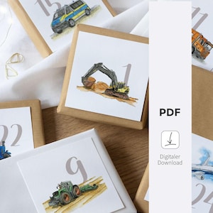 Downloaden - Adventskalenderkaarten - 24 cijfers | Voertuigwaterverf | DIY kerstkalender | Bouwplaats, boerderij, luchtvaart | Digitaal bestand